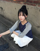 サミ チェック ボタン ラグラン ロールアップ ロングスリーブ Tシャツ
