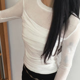 Rukin shirring top layered see-through long sleeve t-shirt