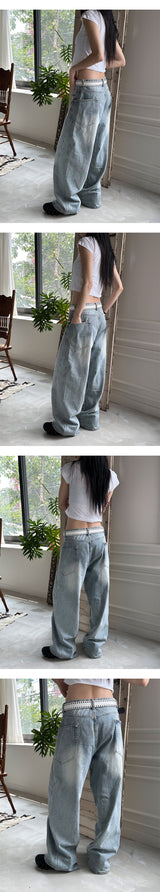 [Unisex] Side curve line wide denim pants(4color)