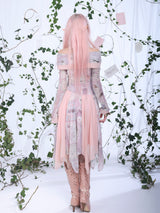 Rosé Isle オールドファッションレタービンテージプリンティドストレッチメッシュドレス ウィズオフショルダーイレギュラースプライストヘム