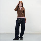レイヤードシースルーVネックニット [BROWN]