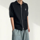 Cropped Embroidered Two-Way Track Line Short Sleeve Knitwear Zip-Up (3 colors)