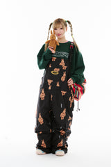 CARGO POCKET WIDE BIB PANTS 3D BEAR RABBIT BLACK