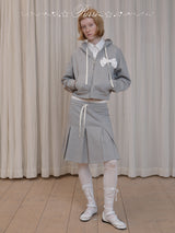 rirri Charcoal Heavyweight 100% Cotton Bow-Detailed Hoodie Set (Zippered Hooded Sweatshirt + Pleated Skirt)