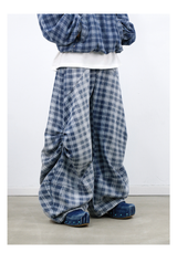 RELABEL (Gemeng) Flower Bud Balloon Check Print Draped Loose-Fit Crinkled Gradient Washed Denim Trousers