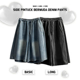[Basic & long] Ichi banding side pintuck pleated denim Bermuda shorts