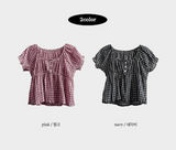 Checkered Ruffle Square Button Short Sleeve Blouse