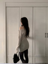 MEU One Off-Shoulder Ribbon Ribbed Knit Dress