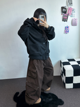 フリース/ストリング ツーカーゴリベットワイドバルーンロングパンツ💚🤎🖤🩶4カラー
