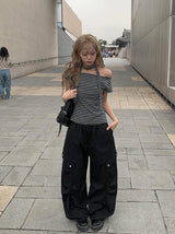 Scon Stripe Plain One-Shoulder Ribbon Short Sleeve T-Shirt
