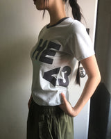Necu Vintage Stripe Lettering Printed Short Sleeve T-Shirt