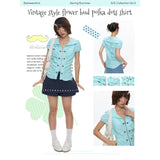 BETWEENAND “Mint Early Summer” Vintage Bud Polka-Dotted Cute Waist-Cut Shirt for Women – Unique Summer Top