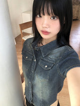マークル ポケット スリム ウォッシュ クロップ デニム 半袖シャツ