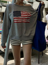 Western American Flag One-Off Shoulder Sweatshirt (6c)