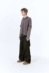 (BASE) LAYERED STRIPE POLO L/S TEE (CHARCOAL)