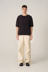 ケーブルウォッシング半袖ニット - Navy