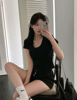 [BELLIDE MADE] Bubble, U-neck semi-cropped short-sleeved T-shirt