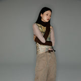 Retro fountain print coffee color stitching knitted contrast mesh bottom