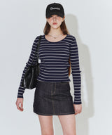 ROUND NECK STRIPED RIBBED KNIT_NAVY