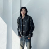 Textured Leather Metal Clasp Zip Cropped Jacket