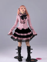EVILTOOTH Eliza Heart Pink and Black Plaid Ruffle Collar Shirt with Embroidered Bow and Slim Flared Sleeves