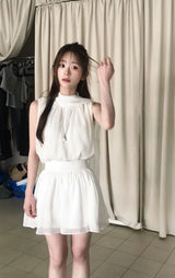 top pure halter tie bl + chiffon shirring sk set