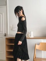 Seble one-shoulder unbalance strap striped long-sleeved T-shirt