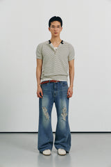 ストライプヘンリーネックハーフTシャツ(Ivory)