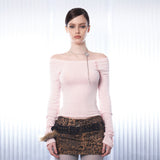 Curve Button Off-Shoulder Tee [Pink]