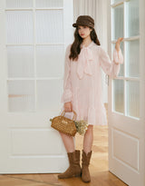 Roas Ribbon Tie Ruffled Shirring Mini Dress Pink