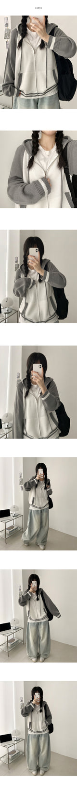 Neck Color Matching Raglan Line Knit Hood Zip-Up