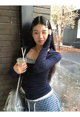 スクエアネイビーレイヤード長袖Tシャツ