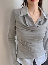 #FZ Stripe Shirt Layered Drape T-Shirt (2color)
