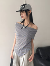 セビーストライプダイアグナルオフショルダーT