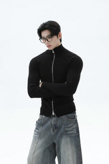 Fitted Ribbed Knit Zip Cardigan