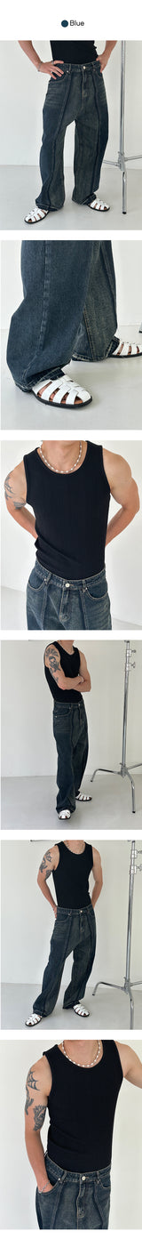 [UNISEX] Cut off line wide denim pants (2color)