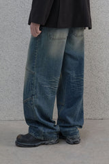 Curved double knee denim pants