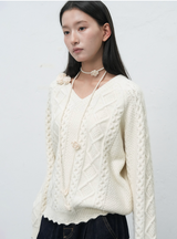 handmade knit flower brooch set - ivory  