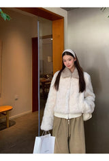 cream soft fur zip-up collar jacket