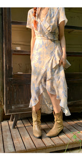French flower shirring wrap dress
