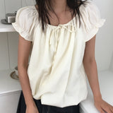 レモンルーズフィットパフショルダーシャーリングバルーンスリーブサマー半袖ブラウス (3 colors)