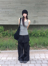 Kaze Nylon Pocket Wide Frill Skirt Pants