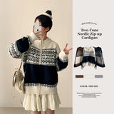 Ara two-tone Nordic pattern two-way zip-up cardigan