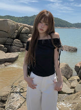 Nob Shirring オフショルダーリボン半袖Tシャツ