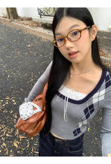 アーガイル スクエア ネック ロング スリーブ ニットTシャツ