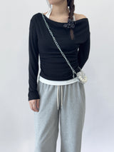 Getz Halterneck Shirred Drape Contrast Long Sleeve T-shirt
