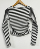 フリース❤サイドシャーリングストライプクロッピードロングスリーブTシャツ 🧸🤎🩶🩵3カラー