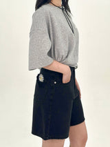  3RD REORDER HIP POCKET EMBROIDERY BLACK DENIM SHORTS LONG VERSION code 25106