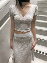 French Garden Lace Deep V-neck Puff Sleeve TOP & MIDI SKIRT SET 
