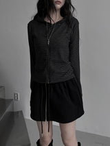 stripe boa hood zip-up